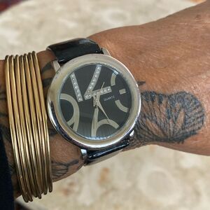 Crystal Embellished Classic Black & Stainless Steel Quartz Wristwatch